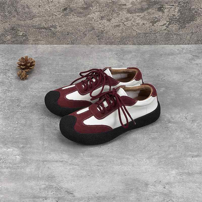 スニーカー レディース レザースニーカー 紐靴 ローカット フラットソール 運動靴 ランニング ウォーキング 普段使い 春夏 秋冬 ワインレッド(4)