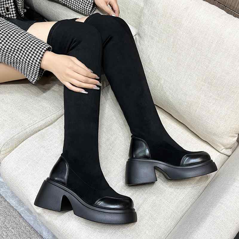 長靴 レディース 大きいサイズ 太筒 ストレッチ スエード ニーハイブーツ 厚底 ハイヒール 防水 防滑 保温 ブラック 秋冬(x10)(4)