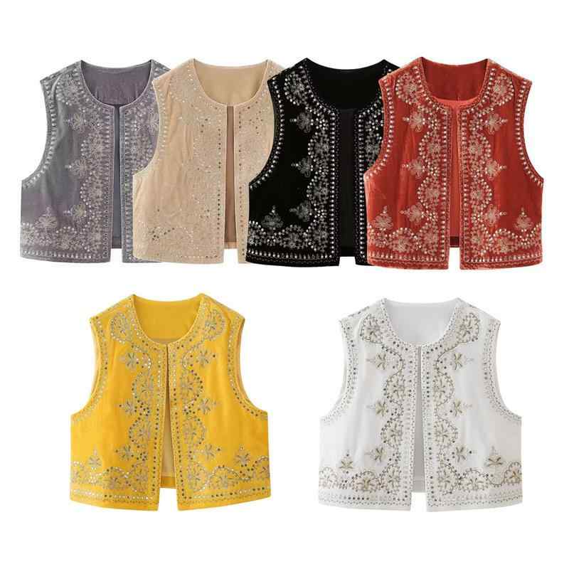 ベスト レディース 婦人服 トップス ベルベット レトロ ビンテージ風 カジュアル 刺繍 ラウンドネック ブラック 黒 S M L(x2)