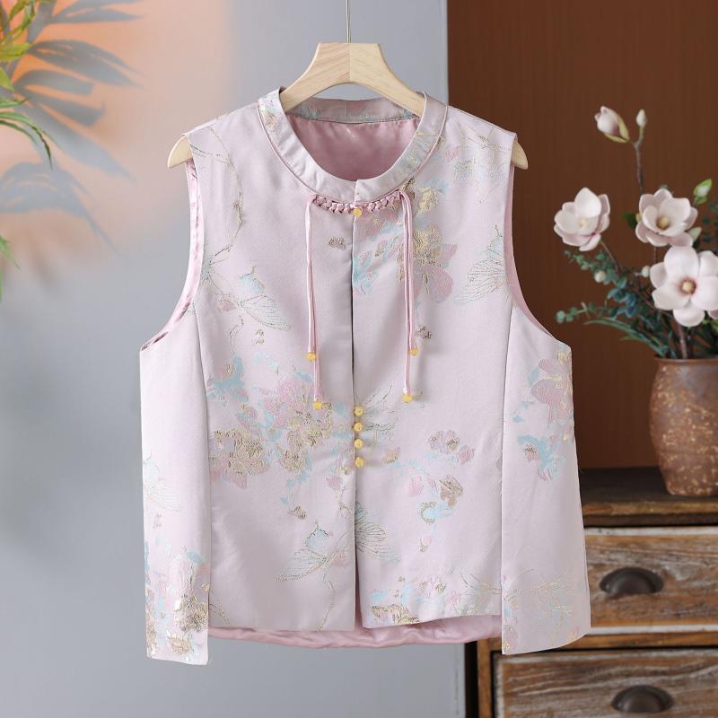 ベスト レディース チャイナ風 立襟 花柄 刺繍 マージャンボタン レトロ トップス 春物 ミセス ゆった..