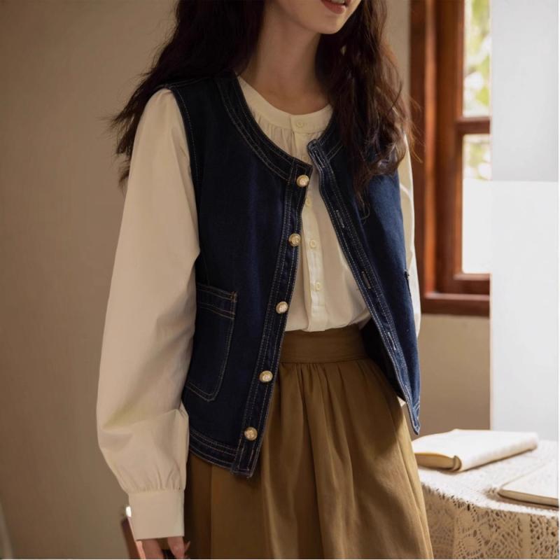 ベスト レディース デニム レトロ ショート丈 開襟 チョッキ ジレ 紺色 ポケット付き 文芸風