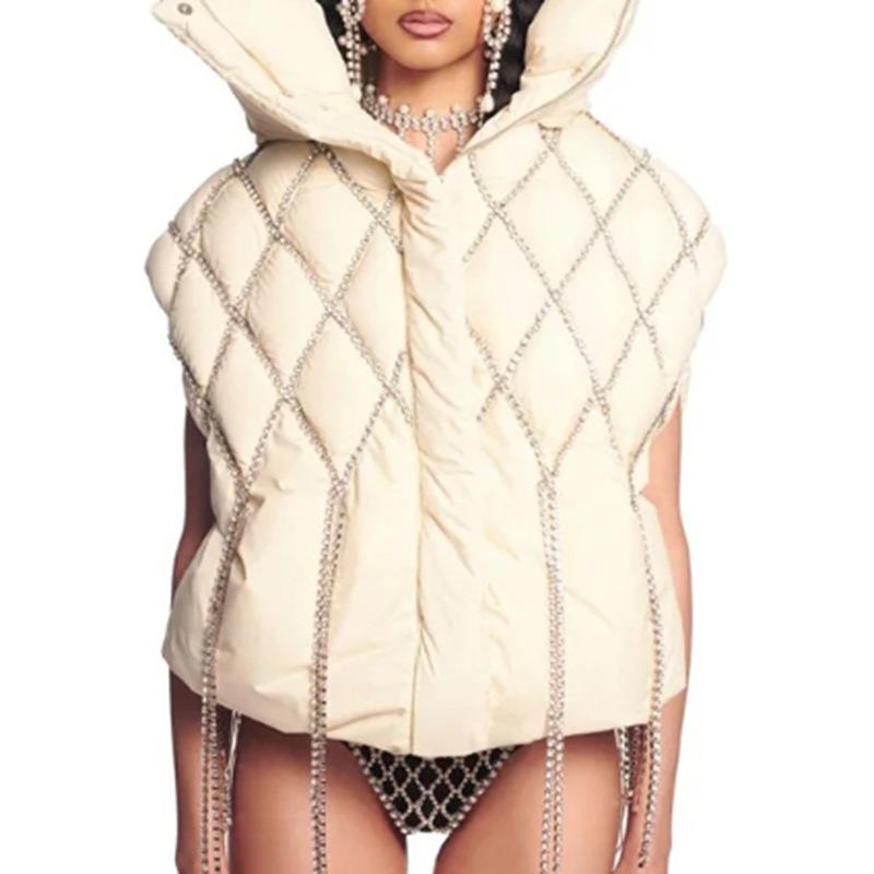 ベスト レディース 手作り ジルコニア飾り 中綿 ノースリーブ ジャケット ポリエステル ブラック 杏色 春秋冬