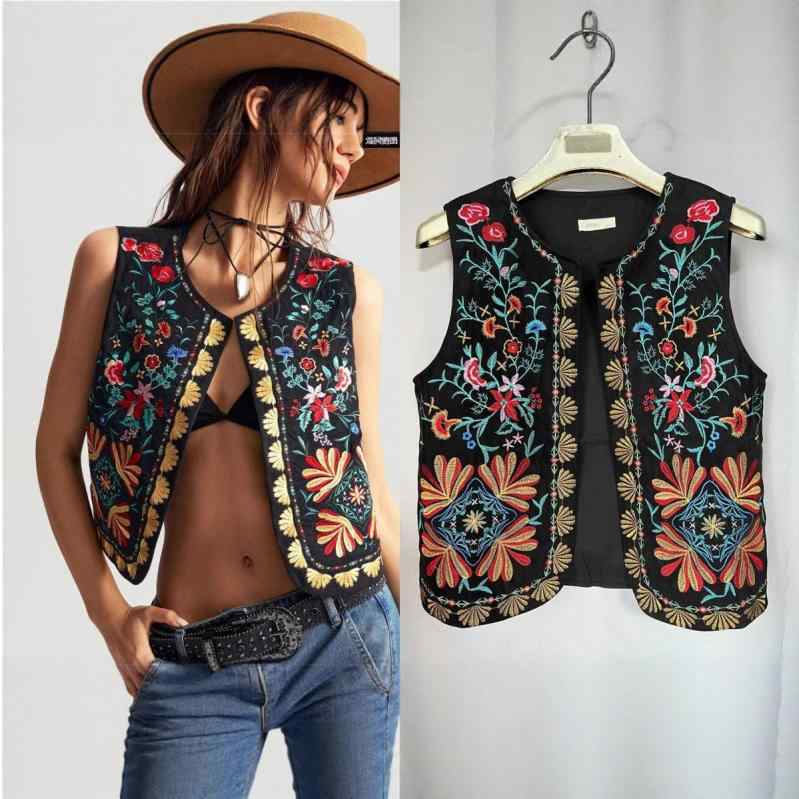 ベスト レディース 花柄 刺繍 ヨーロピアン エスニック スエード ラウンドネック トップス ノースリーブ カットソー ブラック 黒