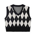 ニットベスト レディース Vネック 配色 アーガイル柄 ショート丈 セーター ノースリーブ トップス プルオーバー レトロ 通勤着 普段使い ビスコース ブラッ...