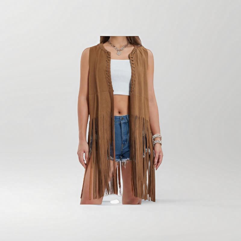 ベスト レディース ショール カーディガン 風 フリンジ 飾り ストリート 個性 中丈 ポリエステル ブラック カーキ