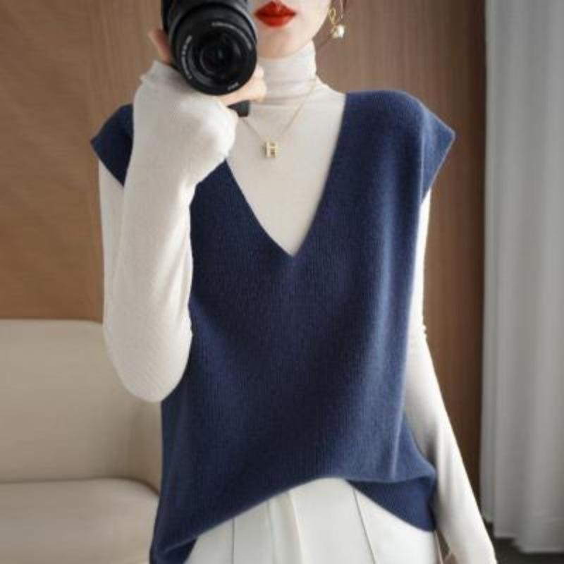 ニット レディース ニットベスト 秋冬 Vネック 短め丈 ゆったりめ ベスト トップス プルオーバー ノースリーブ ポリエステル 無地 ホワイト ブラック カーキ ベージュ グリーン ブルー コーヒー色 韓国 かわいい 大人女子 きれいめ カジュアル