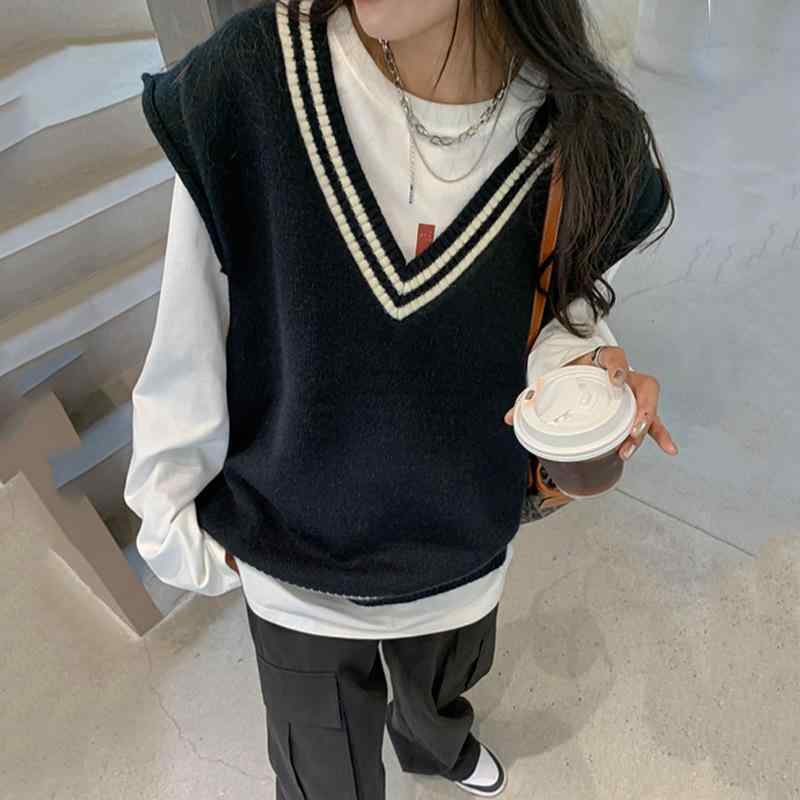 ニットベスト レディース Vネック 学院風 ケーブル編み ゆったり ブラック ポリエステル 混紡 普段使い かわいい 秋冬(x3)
