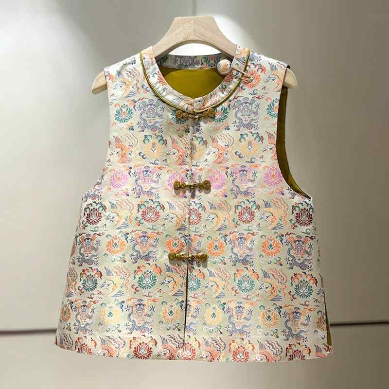 ベスト レディース 唐装風 背心 チョッキ トップス 提花 プリント ポリエステル 花柄 ラウンドネック エレガント 通勤 S M L XL 2XL