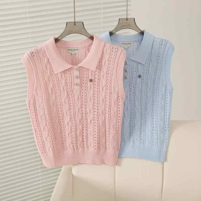 ニットベスト レディース ポロネック コットン ノースリーブ 学院風 ブルー ピンク系 夏ニット 清新 かわいい ゆったり 普段使い