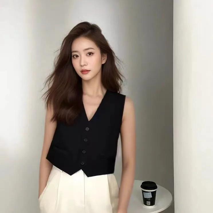 ベスト レディース アメリカン レトロ 豪華感 ショート丈 Vネック 無地 ポリエステル ノースリーブ トップス ストリート ブラック ホワイト