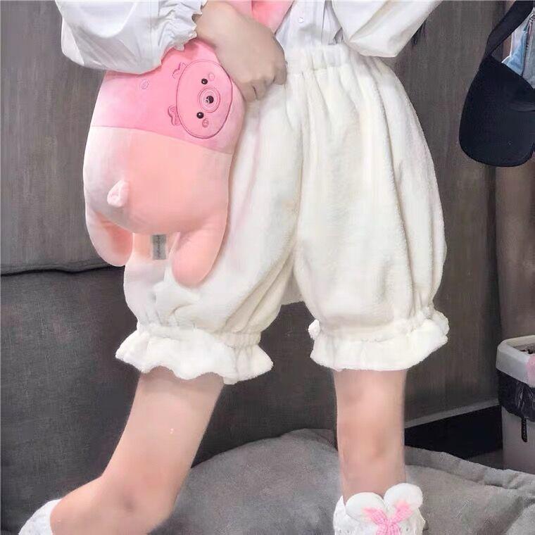 パンツ レディース JK ロリータ 南瓜パンツ ショートパンツ 秋冬 あったか フリース 裏起毛 ぺチパンツ バルーンパンツ 無地 ギャザー フリル ホワイト ピンク ブラック(4)