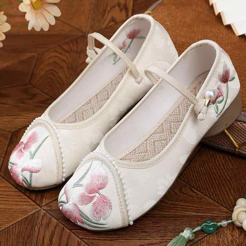 靴 レディース 刺繍布靴 春夏 ローヒール ストラップ ぺたんこ靴 スリッポン ラウンドトゥ 滑り止め ベージュ 緑