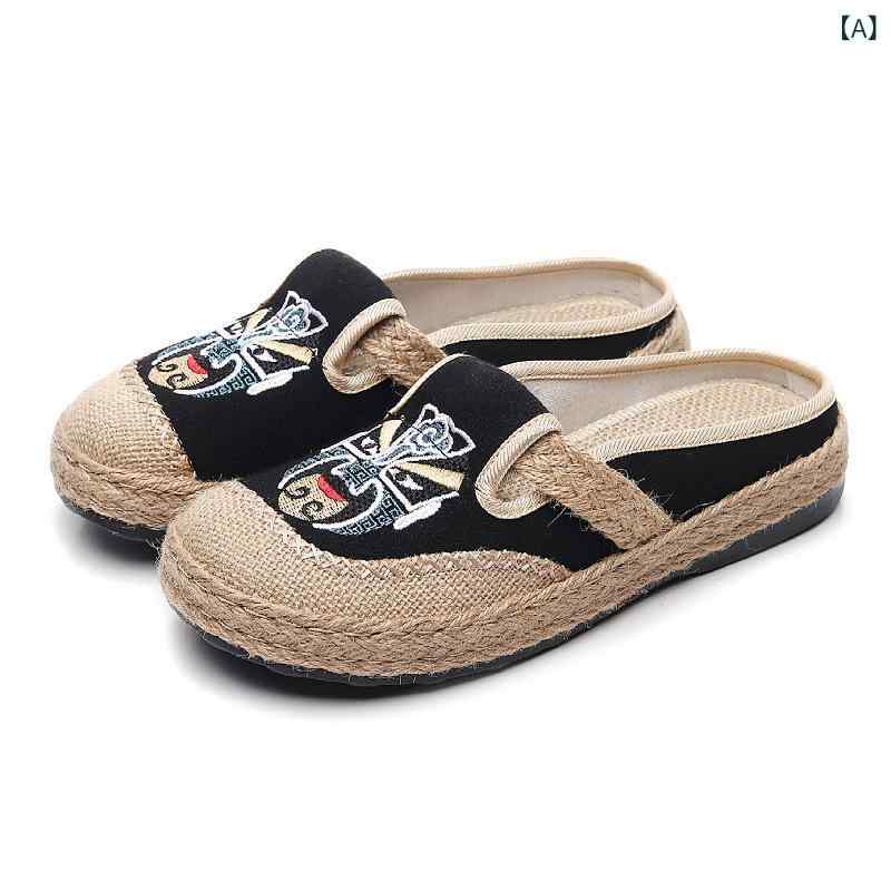 布靴 レディース 北京布靴 スリッパ 民族風 刺繍 パンプス 亜麻 リネン シューズ 刺しゅう 顔 快適 疲れにくい 滑り止め フラットソール ローカット カジュアル 春