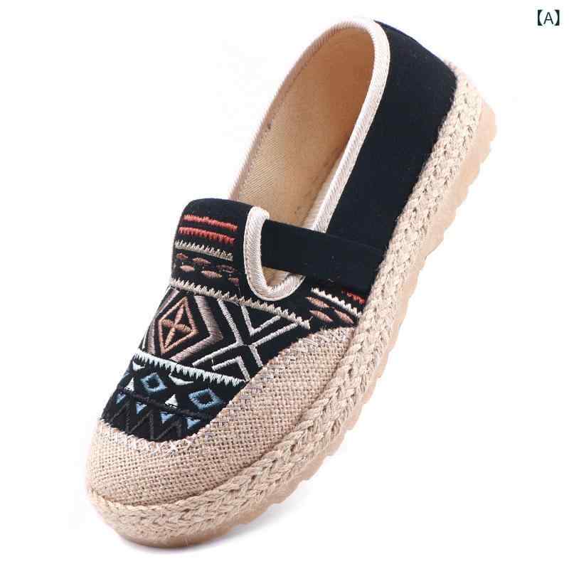 靴 レディース 春秋 布靴 花柄刺繍 ローヒール ぺたんこ 民族風 ラウンドトゥ スリッポン カジュアル 痛くなりにくい 歩きやすい 柔らかい 黒 ベージュ