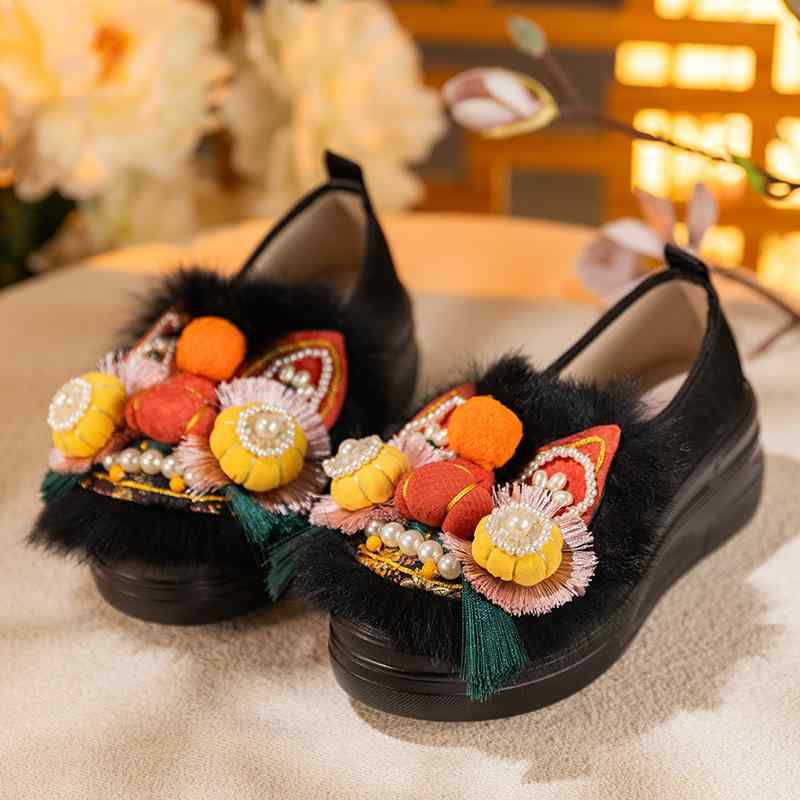 靴 レディース 厚底 シューズ 春夏 フラット 虎 刺繍 新中式 スリッポン ぺたんこ靴 婦人靴 布靴 花柄 黒