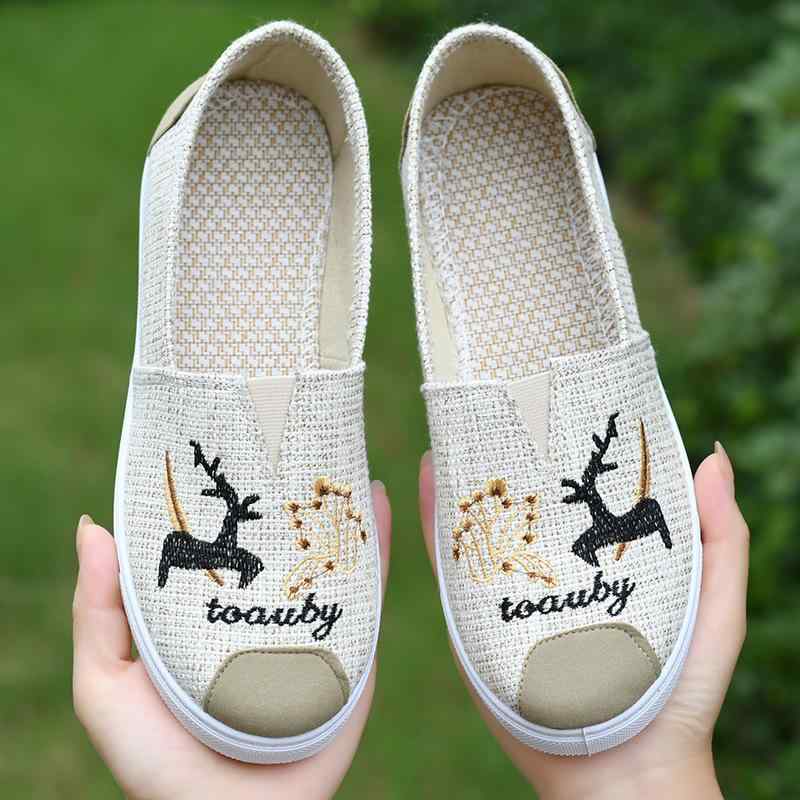 布靴 レディース 通気性 亜麻 刺繍 スリッポン ローヒール フラット ぺたんこ 履きやすい ラウンドトゥ カジュアル ミセス シニア 婦人靴 おばあちゃん 母の日 ピンク系 黒
