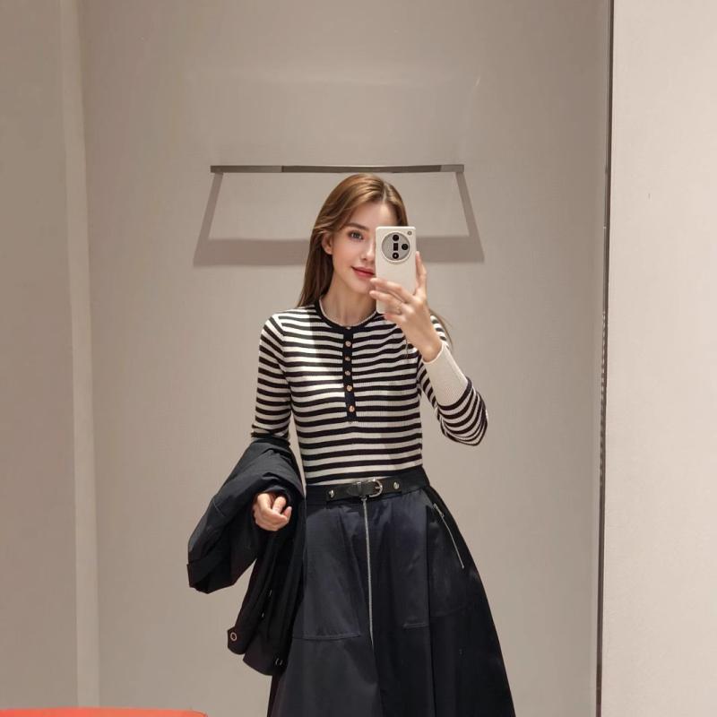 ニット レディース ラウンドネック ボーダー柄 セーター ゆったり トップス あったか インナー 長袖 S ..