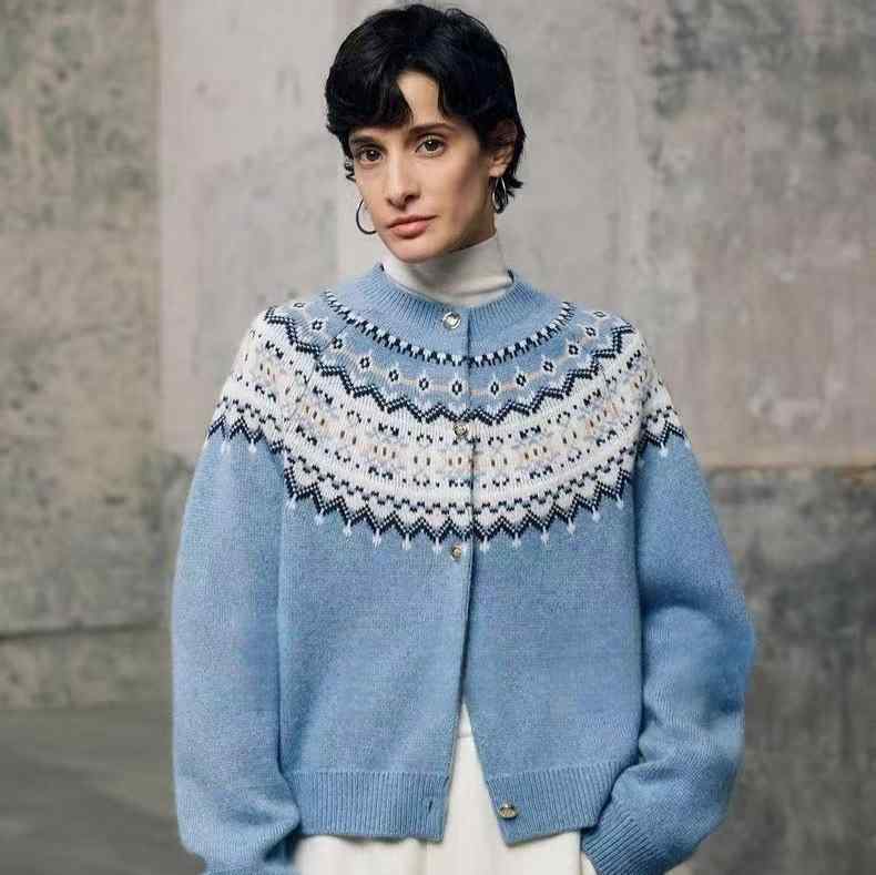 ニットカーディガン レディース 全羊毛 フェアアイル柄 ラウンドネック 暖か 厚手 ゆったり 海ブルー グレー