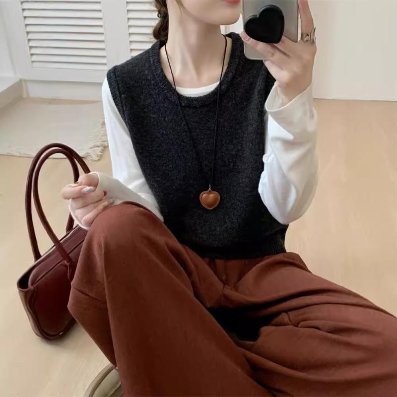 ニット レディース Uネック ノースリーブ ウール セーター レイヤード 重ね着 ベスト トップス 韓国 秋冬 ホワイト コーヒー ブラック グレー レッド グリーン 羊毛 アクリル 日韓スタイル カジュアル