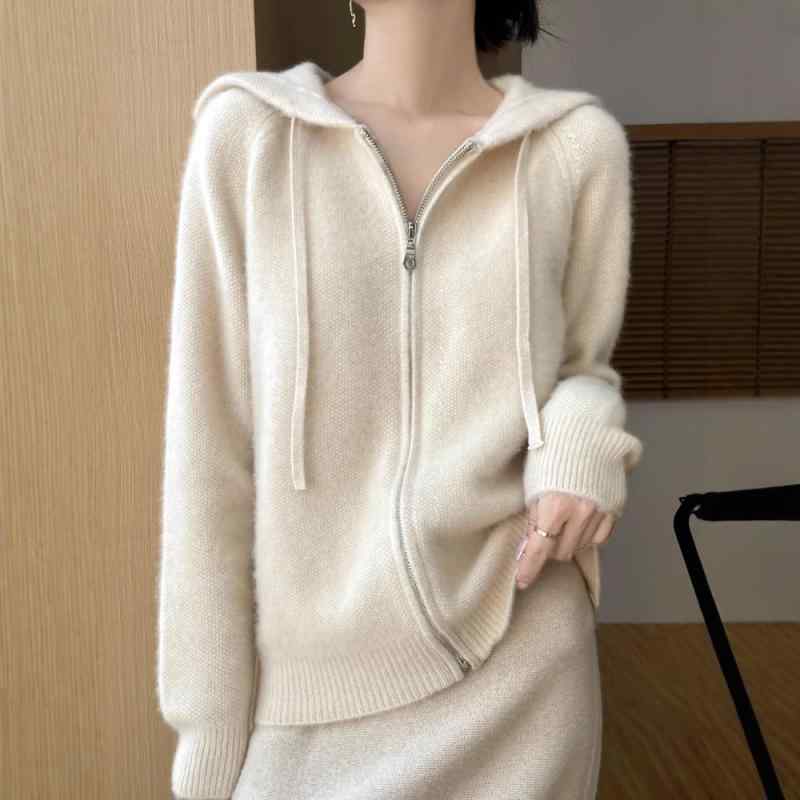 カーディガン レディース ニット 羊毛 秋冬 ゆったり フード付き 厚手 アウター ジップアップ トップス 通勤 ナチュラル ベージュ ブラウン グリーン グレー