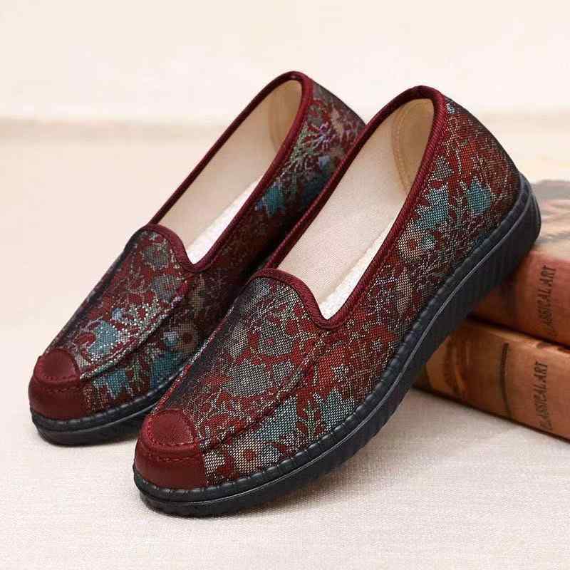 靴 レディース 高齢者シューズ スリッポン ぺたんこ靴 ローヒール パンプス 滑り止め 転倒防止 軽量 柔らかい 布 春夏秋 黒 赤(x2)