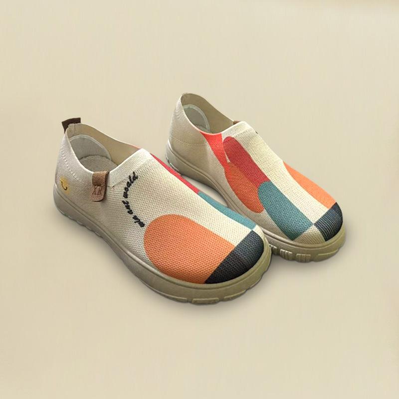 布靴 レディース 老北京 手描き 厚底 スリッポン 柔らかい靴底 ぺたんこ靴 フラットシューズ カジュアルシューズ 通気性 婦人靴 春夏 米白 オレンジ