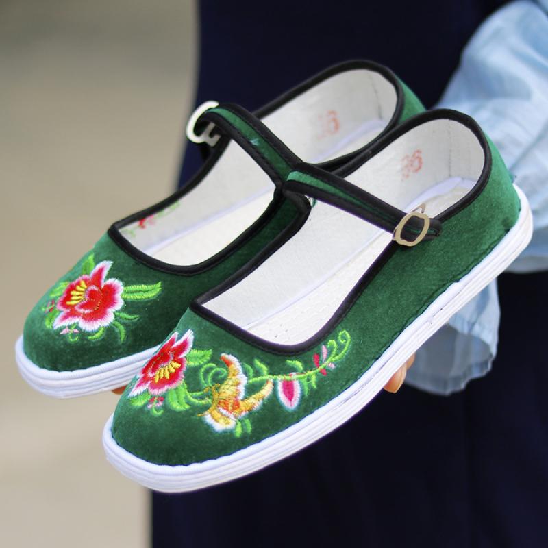 布靴 レディース 刺繡 ママ シューズ フラット ローヒール ブラック コットン 通気性 快適 花柄 婦人靴 ラウンドトゥ 浅履き ストラップ 春夏(x2)