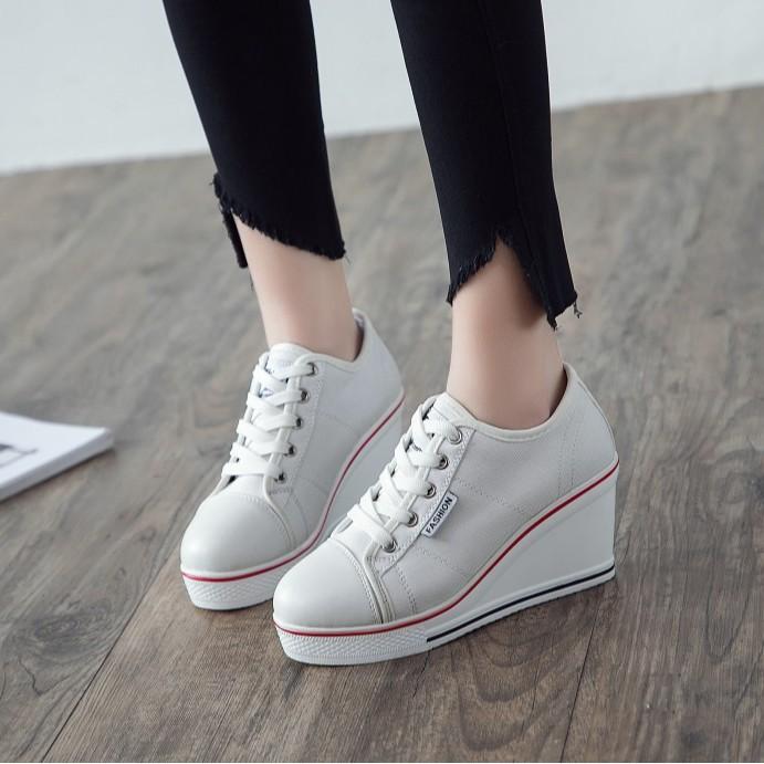 スニーカー レディース 厚底 キャンバス シューズ ローカット 紐付き 8cmヒール 背が高くなる 白 赤 青 黒 ピンク 無地 ウェッジソール プラットフォーム カジュアル 春夏 秋冬・スタイル: 韓国・機能: 増高・適合シーズン: 夏....