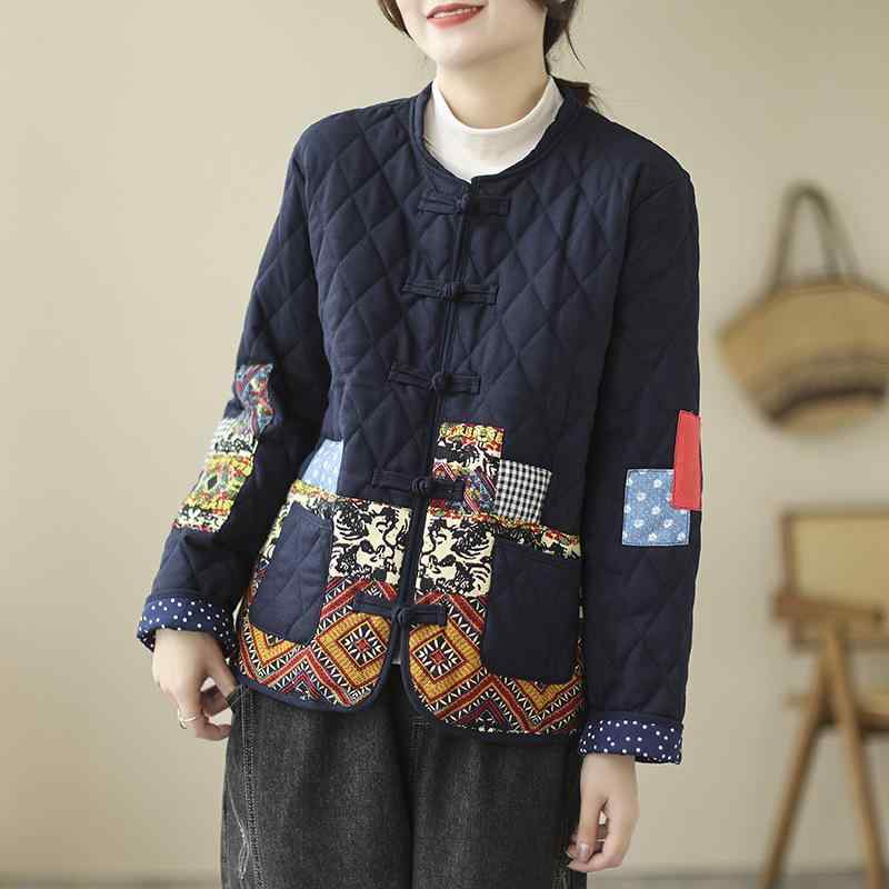 コート レディース レトロ パッチワーク キルティング 中綿 カーディガン ゆったり 厚手 ラウンドネック コットン アウター 秋冬 イエロー ブルー M L XL 2XL 3XL