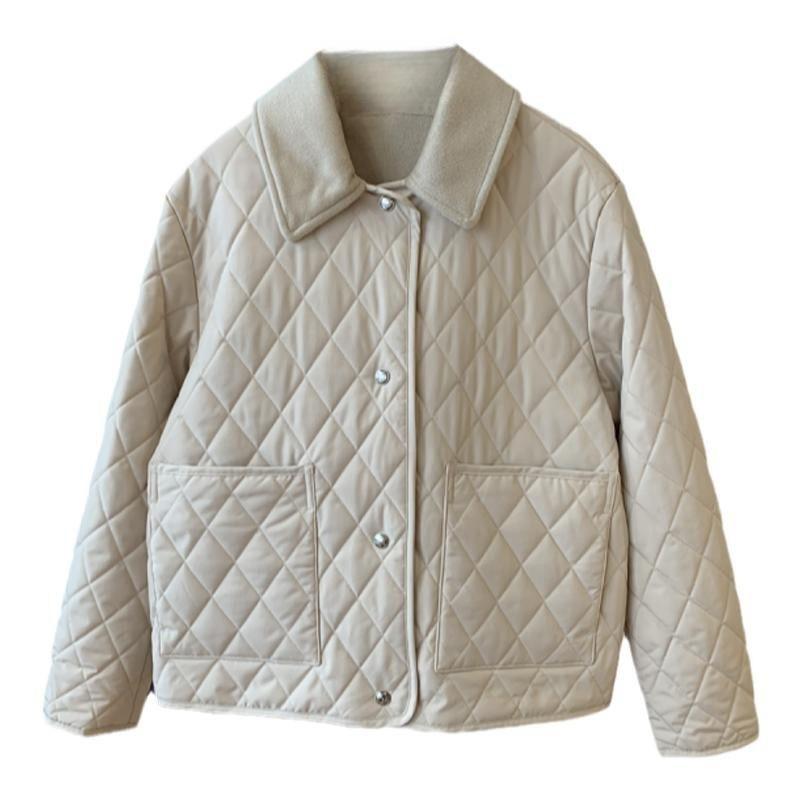 ジャケット レディース 菱格 キルティング コート アウター 防寒 リバーシブル ウール襟 ミドル丈 M L XL アイボリー ネイビー カジュアル 秋冬(4)