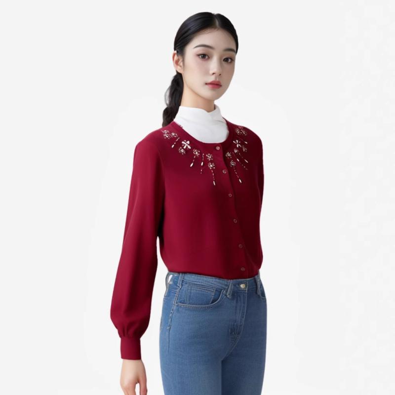 ニット レディース 羊毛 トップス 長袖 プルオーバー ビーズ飾り エレガント 通勤着 アンゴラレッド ブラック キャメル M L XL