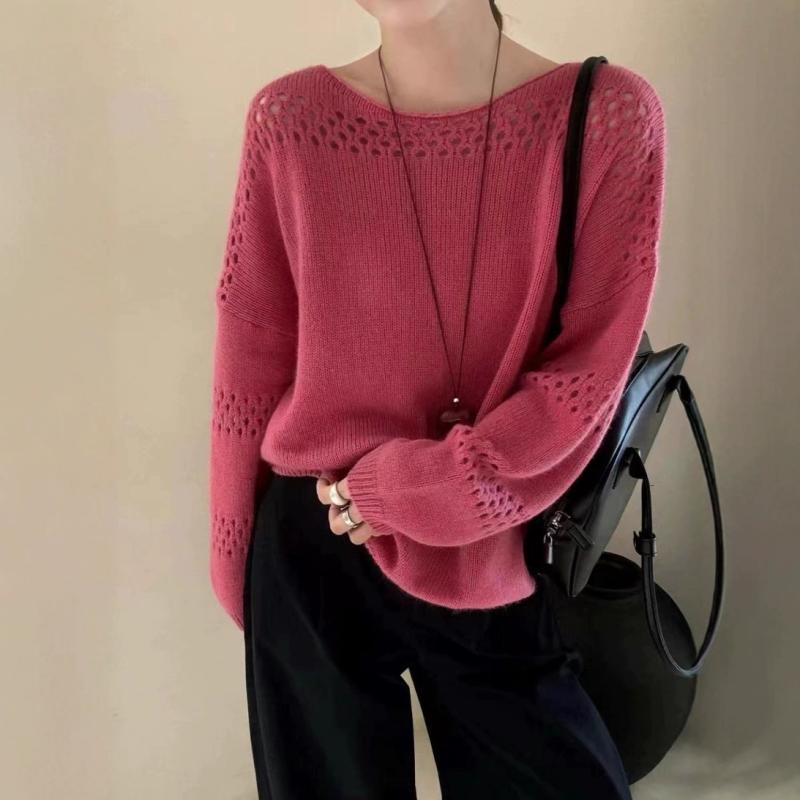 ニット レディース 秋冬 羊毛 混紡 ゆったり ラウンドネック プルオーバー 長袖 トップス セーター ピンク系 パープル(x2)