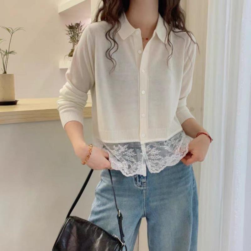 ニット カーディガン レディース 韓国 POLO襟 アウター ボタン開き レース 春 トップス ゆったり 薄手 ミドル丈 オフホワイト グレー