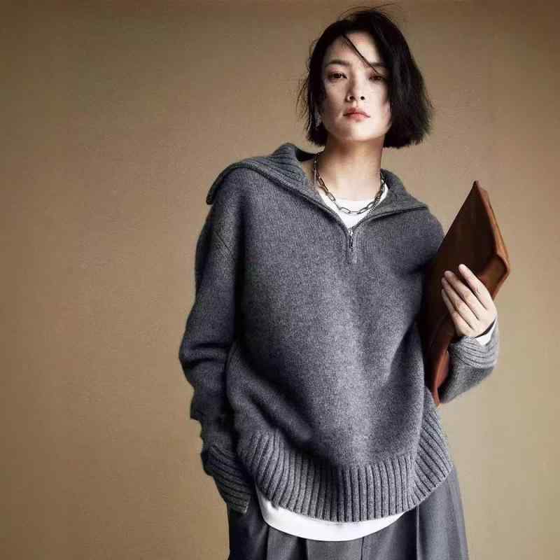 ニット レディース プルオーバー 秋冬 韓国 ゆったり 襟付き セーター トップス ウール 厚手 エレガント 通勤 オフィス カジュアル グレー オフホワイト