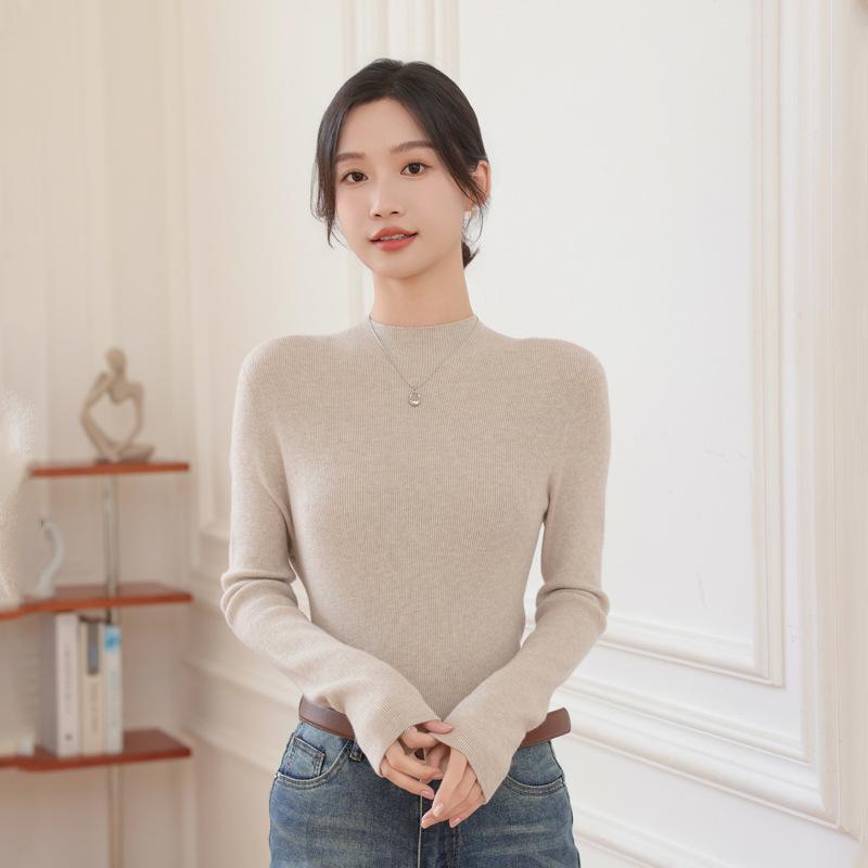ニット レディース インナー 秋冬 ウールブレンド ラウンドネック セーター スリムフィット 保温性 ミ..