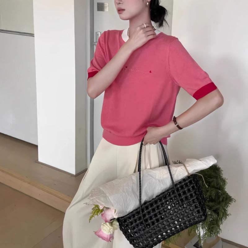 ニット レディース 春夏 ニットトップス 薄手 ウール混紡 半袖 ラウンドネック 配色 かわいい ガーリー..