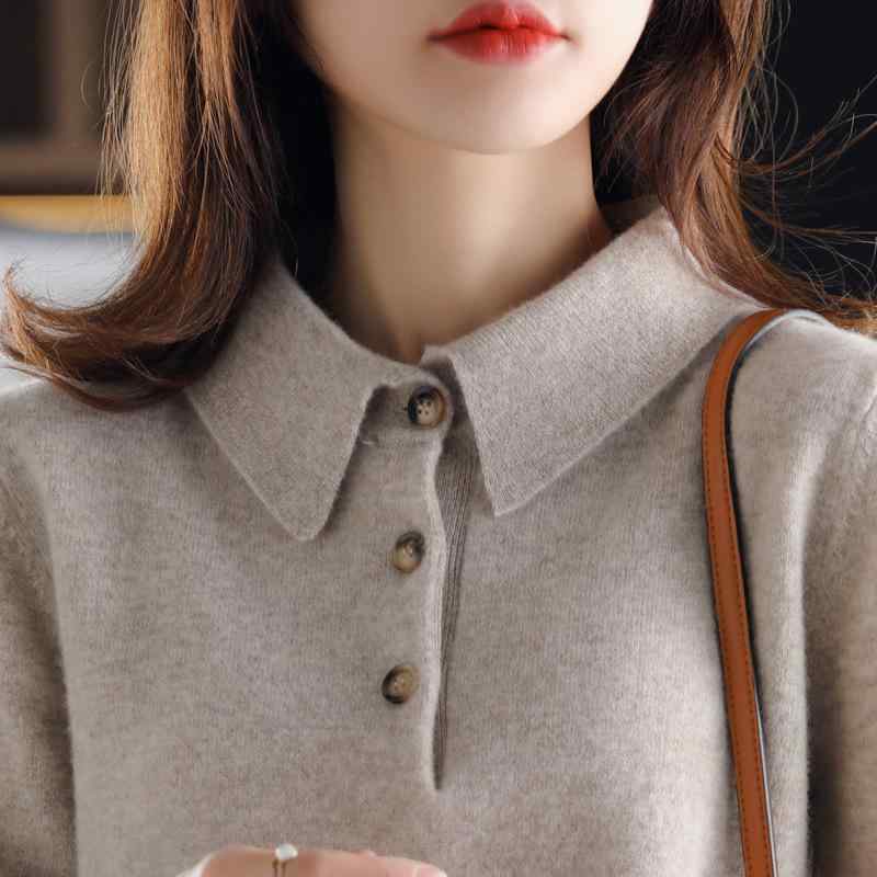 ニット レディース ウール ポロネック セーター 襟付き 長袖 トップス プルオーバー 秋冬 無地 XS S M ..