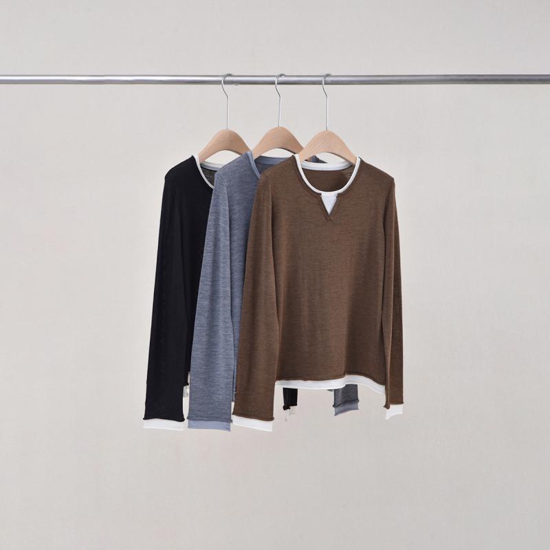 ニット レディース 春物 フェイクレイヤード 配色 ダブルカラー プルオーバー トップス 長袖 ウール混紡 スリムフィット コーヒー色 ホワイト 麻グレー 水色 ブラック