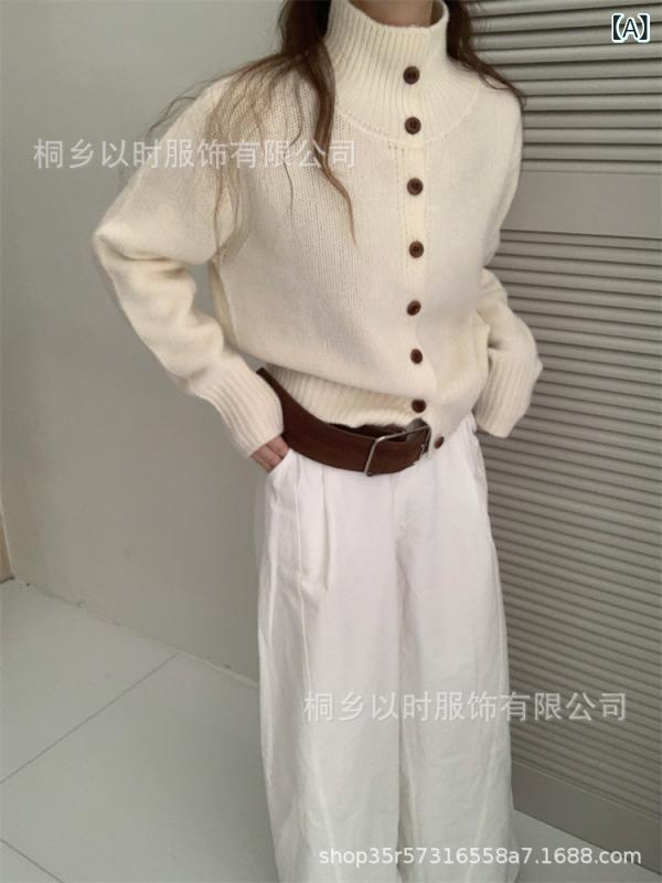 カーディガン レディース 韓国 ニット 全羊毛 ウール 粗編み ニットアウター トップス 秋冬 ミルクホワイト パステルブルー クリームイエロー グリーン ローズピンク ライトグレー レッド チャコールグレー