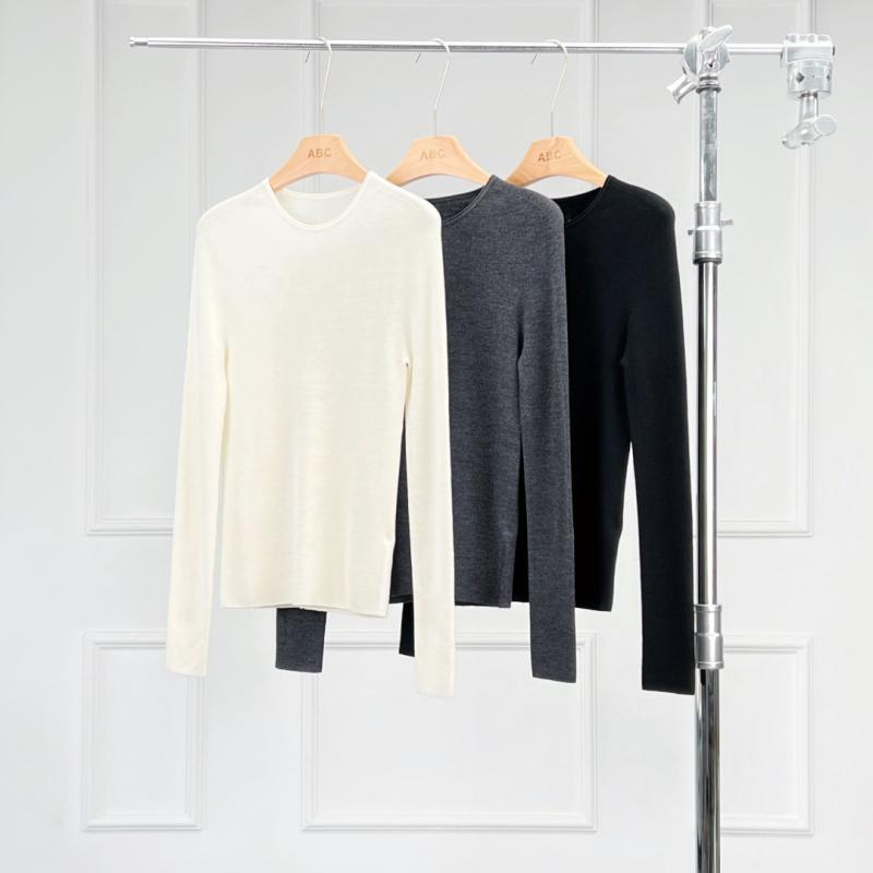 ニット レディース 秋冬 18G島精編み 長袖 ウール セーター プルオーバー スリムフィット トップス ラウンドネック 白 グレー 黒 通勤着