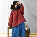 綿入れ レディース 麻 リネン プリント 斜め合わせ 襟なし コットン アウター レトロ ゆったり トップス 文芸風 赤花系 青花系 黒グレー花系(x2)