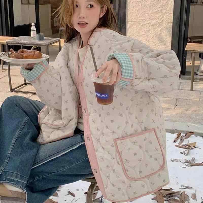 綿ジャケット レディース リバーシブル レトロ 小花柄 切り替え チェック柄 秋冬 オーバーサイズ ゆったり かわいい コットン アウター