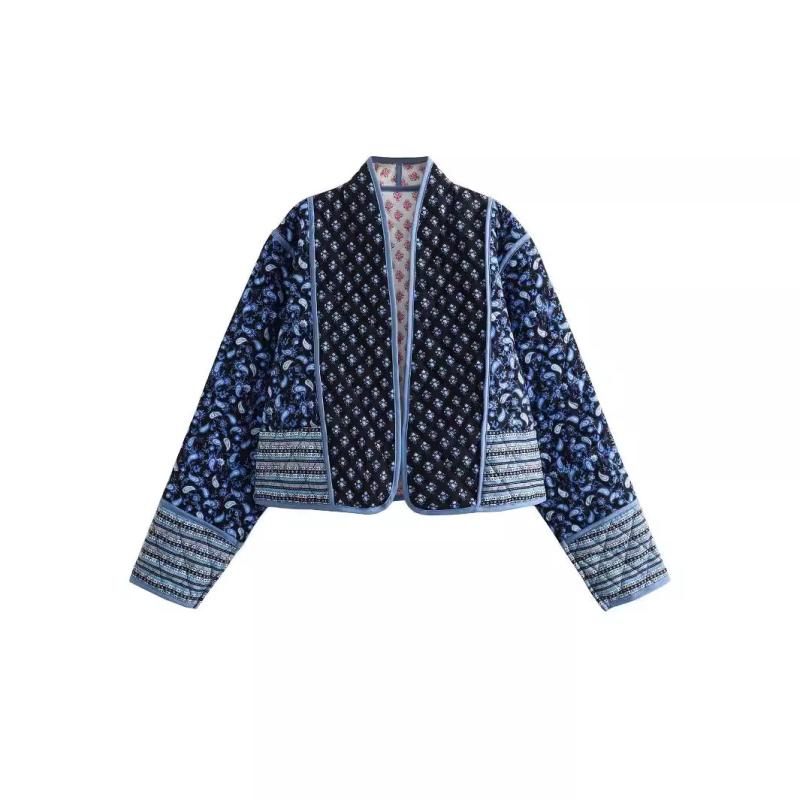 コート レディース 秋冬 Y2K 風 プリント レトロ 配色 ショート丈 カジュアル 保温 中綿 ポリエステル Vネック ポケット付き ストリート