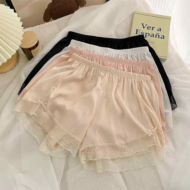 パンツ レディース 接触冷感 ショートパンツ ペチパンツ 裾レース インナーパンツ 無地 3分丈 中ウエスト ブラック ピンク系 ベージュ 伸縮性 通気性