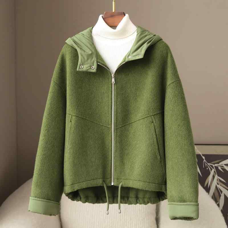 コート レディース 春物 カジュアル 10%キャメル 10%混紡 ウール средней丈 フード付き 長袖 無地 混緑/カフェ色/グレー S/M