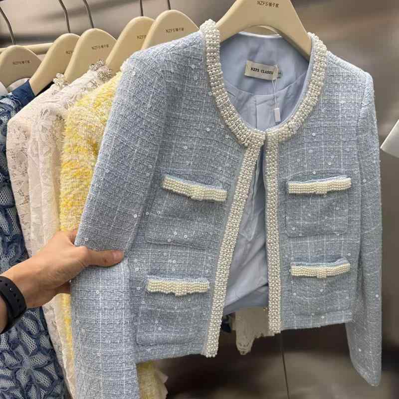 ジャケット レディース 千鳥格子柄 ショート丈 ツイード 羊毛 アウター 厚手 暖かい ポケット付き 長袖 襟付き ゆったり かわいい 私服名媛風(x10)