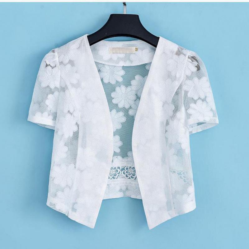 ジャケット レディース 薄手 ポリエステル アウター シアー ショート丈 カーディガン 羽織り 大きいサイズ パフスリーブ 立襟 白 黒 春夏