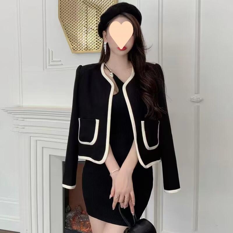 カーディガン レディース 配色 ショート丈 トップス 春物 羽織り ジャケット 小柄 ラウンドネック 婦人服 ブラック