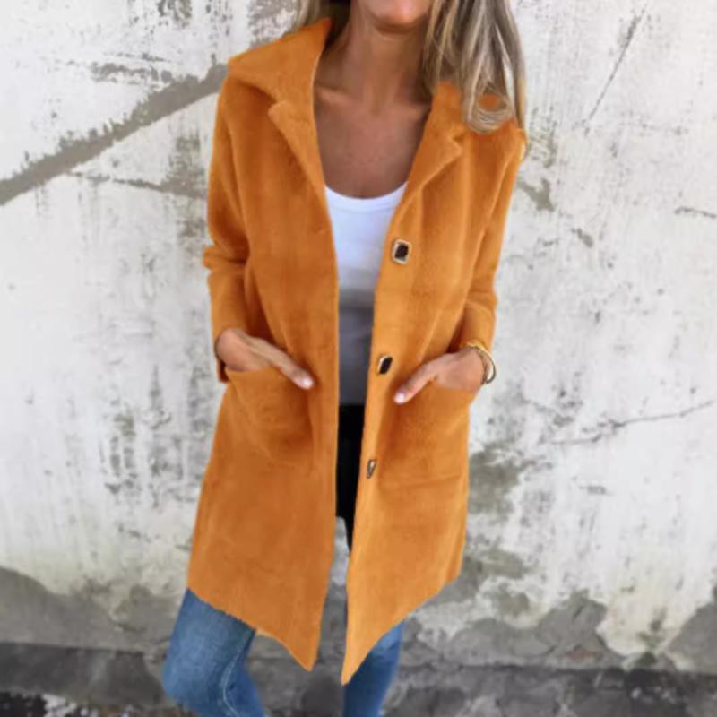コート レディース 秋冬 纯色 翻领 ポケット 開襟 シングルブレスト ミドル丈 アウター ポリエステル ゆったり 厚手