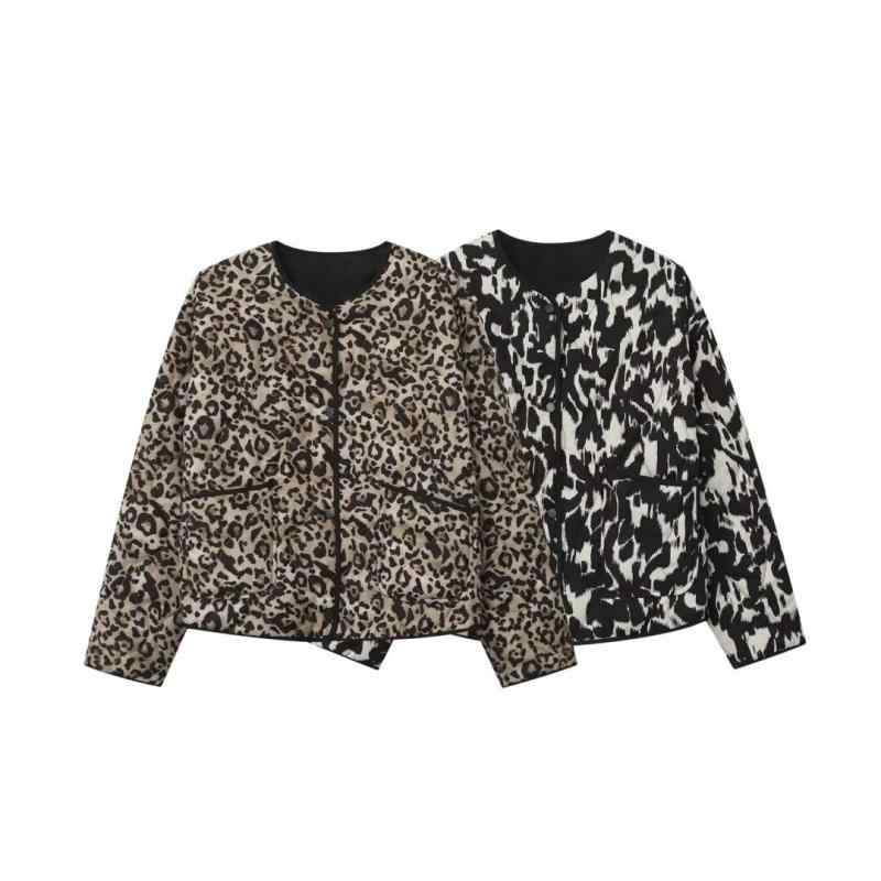 綿服 レディース アウター レトロ ヒョウ柄 ベージュ系 プリント柄 ポリエステル ラウンドネック 長袖 ゆったり 普段使い ストリートスタイル